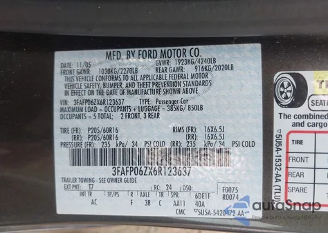 2006 Ford Fusion S z USA, uszkodzony, nr VIN 3FAFP06ZX6R123637